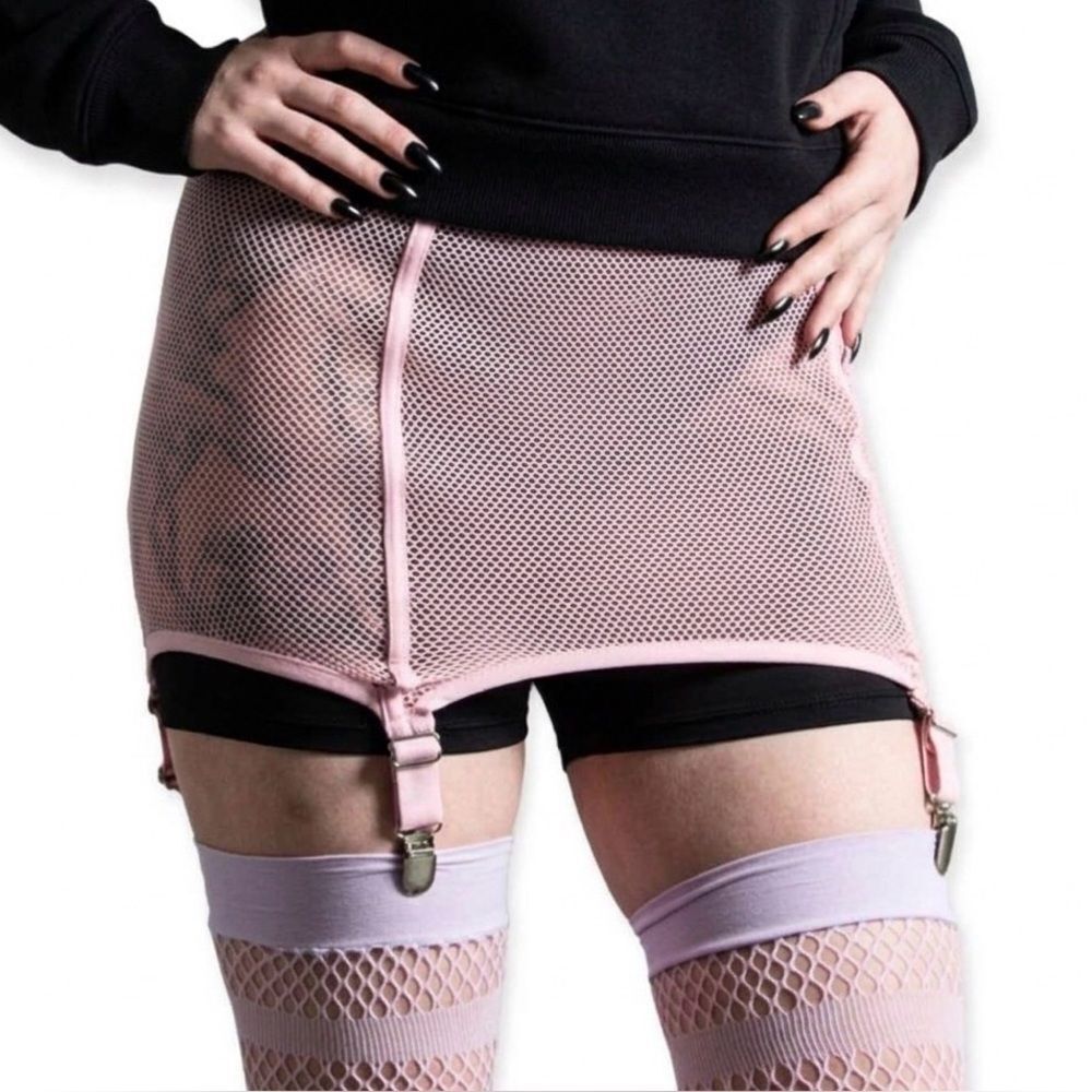 Killstar Heartbeats Pink Fishnet Mini Skirt - Suspender Garter Clips - Large NWT